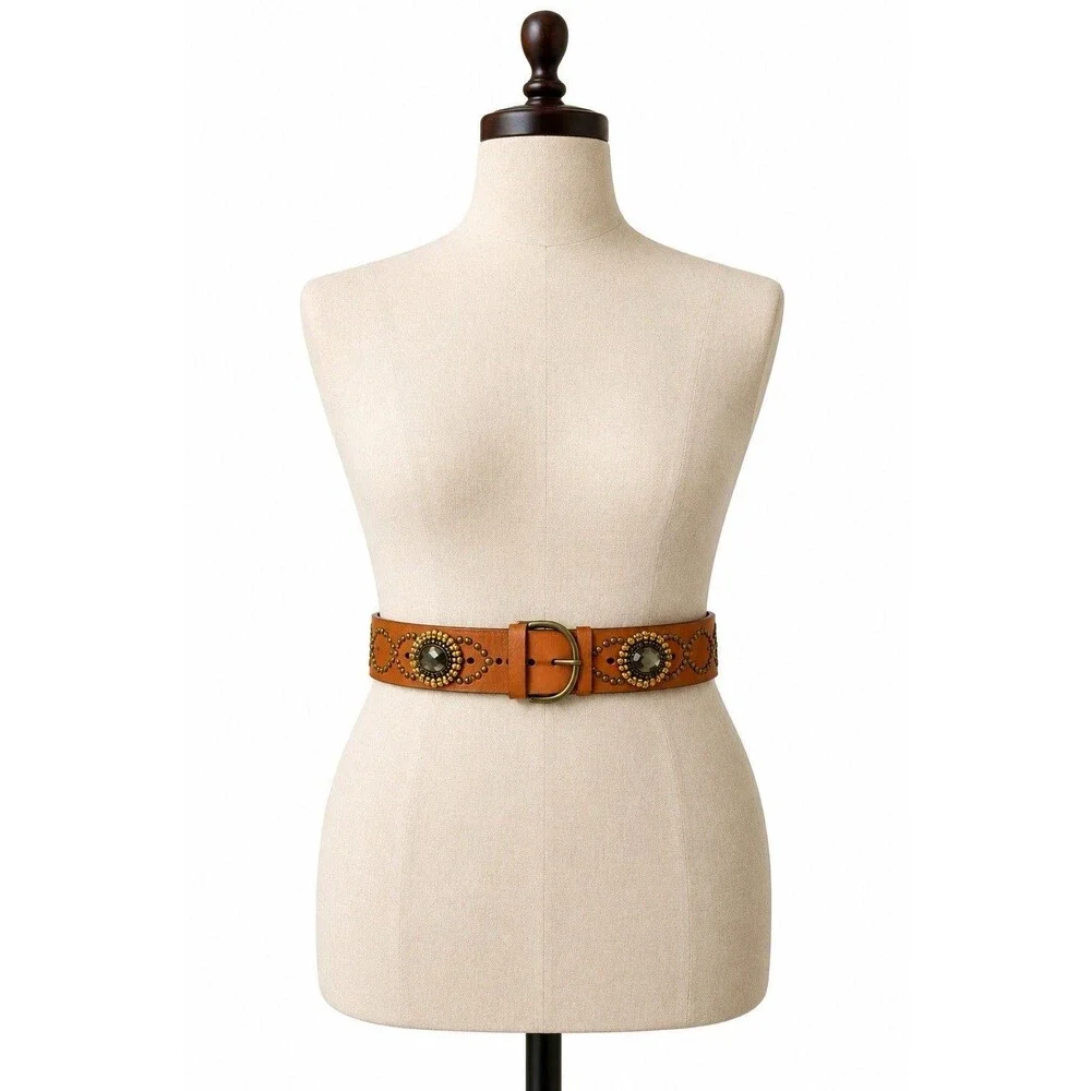 Boho Western Genuine Leather Studded Beaded Jeweled Statement Belt L XL